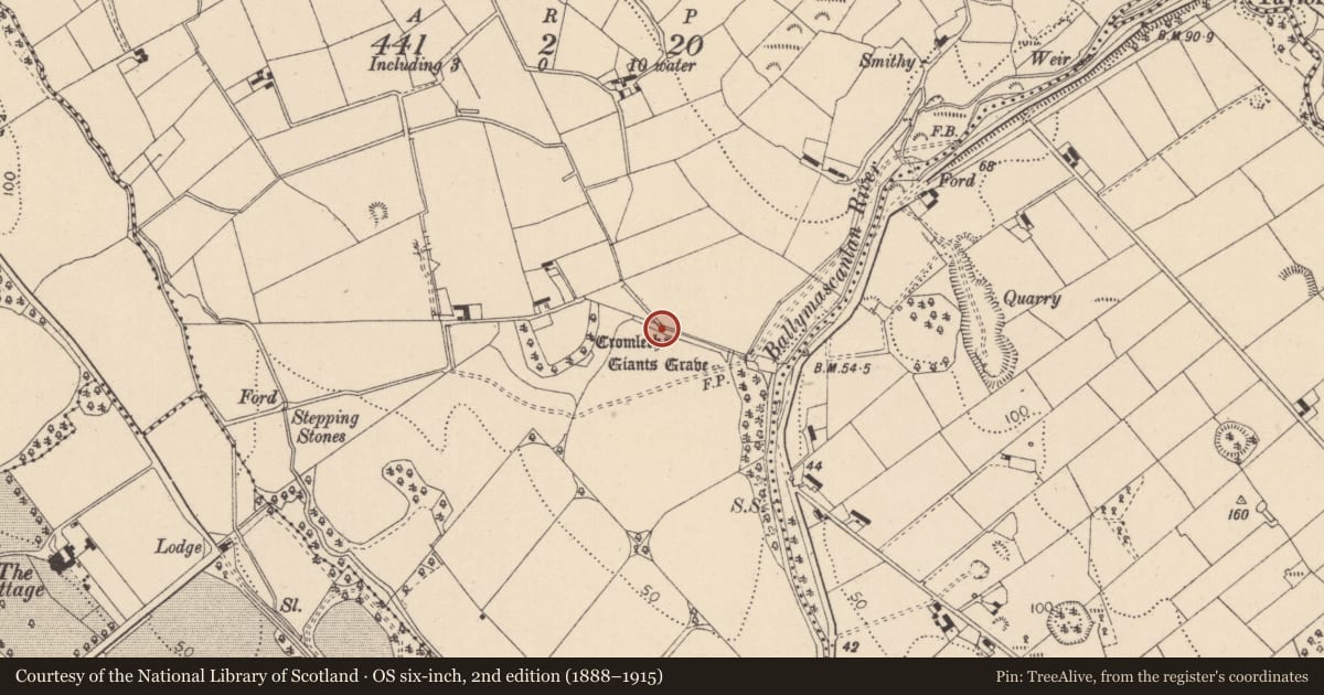 Ordnance Survey six-inch map, 2nd edition (1888–1915) covering the location of Megalithic tomb - portal tomb, Proleek, County Louth, with a pin at the register's coordinates