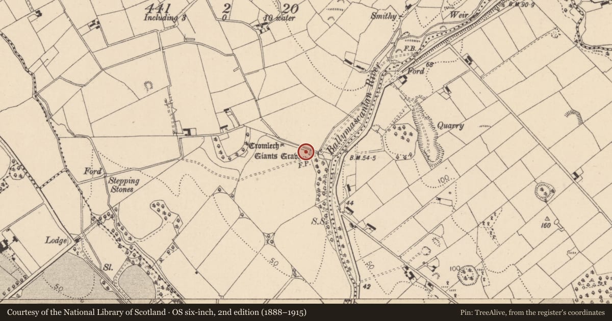 Ordnance Survey six-inch map, 2nd edition (1888–1915) covering the location of Megalithic tomb - wedge tomb, Proleek, County Louth, with a pin at the register's coordinates