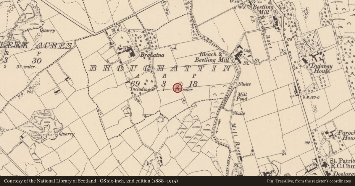 Ordnance Survey six-inch map, 2nd edition (1888–1915) covering the location of Souterrain, Broughattin, County Louth, with a pin at the register's coordinates