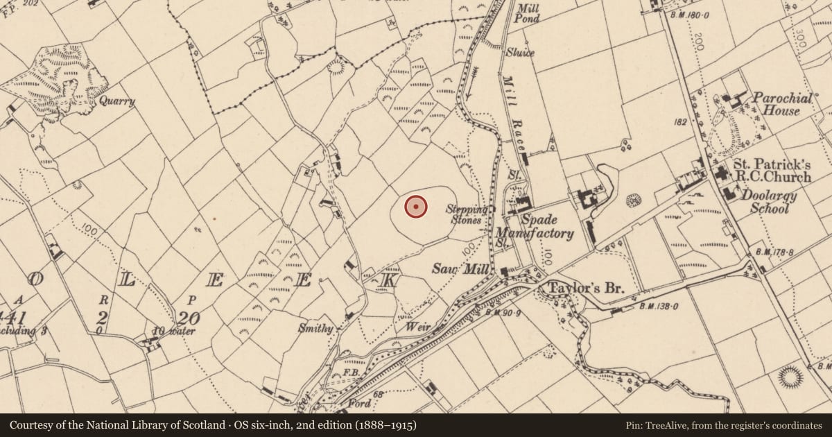 Ordnance Survey six-inch map, 2nd edition (1888–1915) covering the location of Ecclesiastical enclosure, Proleek, County Louth, with a pin at the register's coordinates