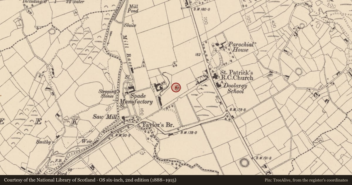 Ordnance Survey six-inch map, 2nd edition (1888–1915) covering the location of Enclosure, Doolargy, County Louth, with a pin at the register's coordinates