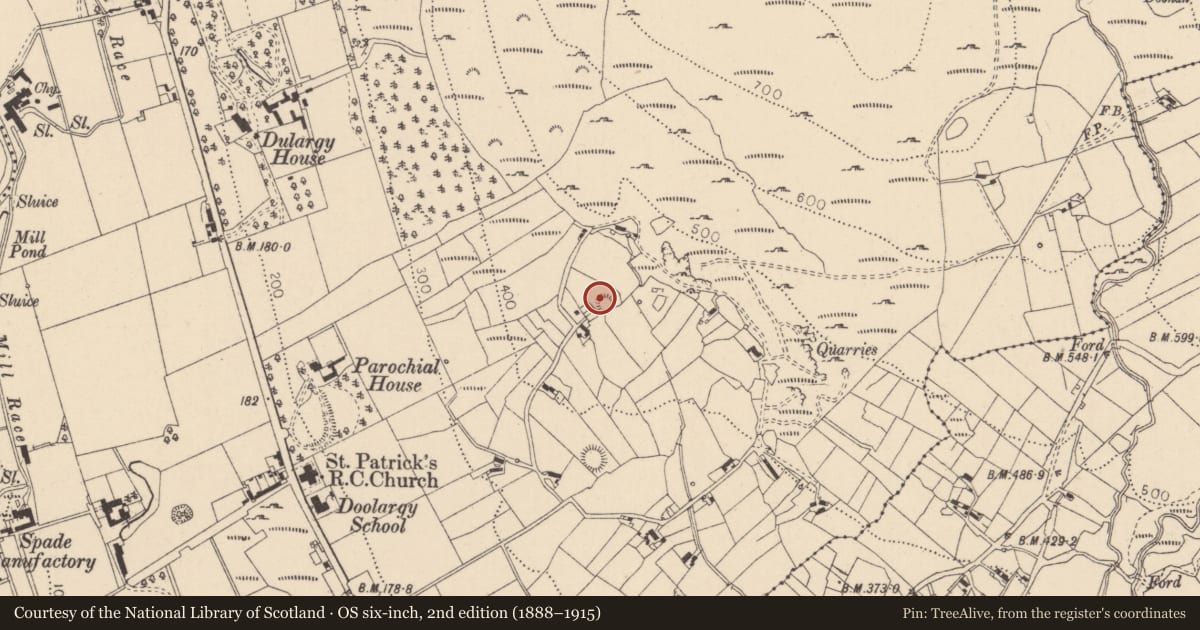 Ordnance Survey six-inch map, 2nd edition (1888–1915) covering the location of Ringfort - rath, Doolargy, County Louth, with a pin at the register's coordinates