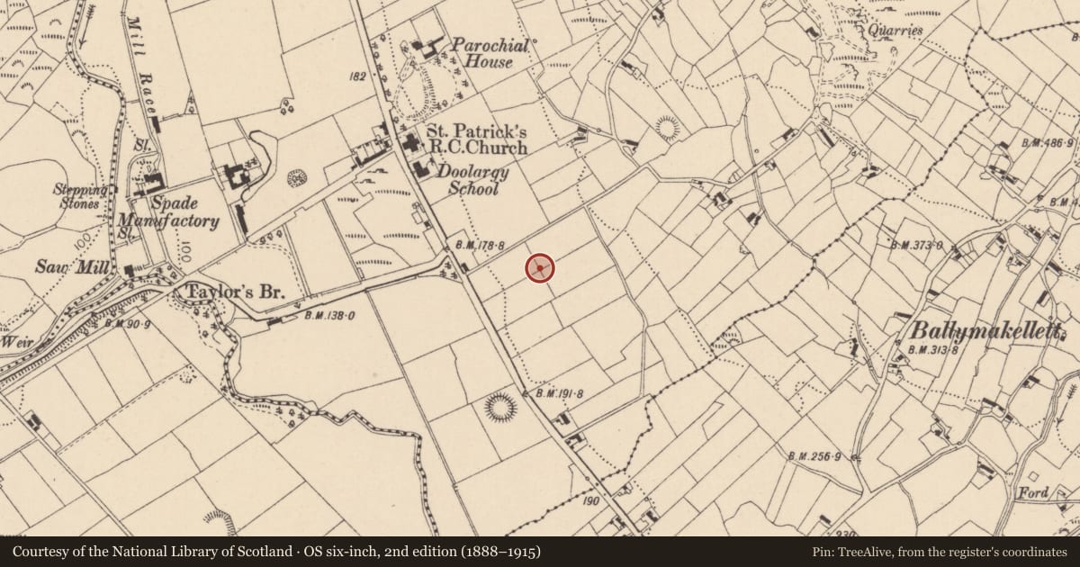 Ordnance Survey six-inch map, 2nd edition (1888–1915) covering the location of Souterrain, Doolargy, County Louth, with a pin at the register's coordinates