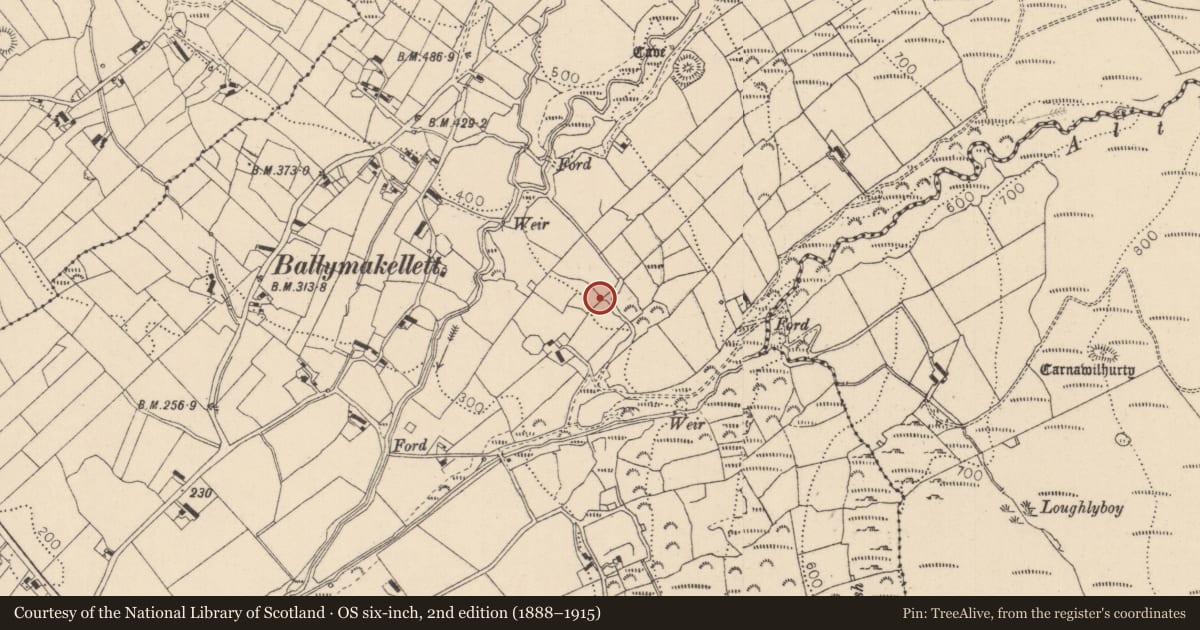 Ordnance Survey six-inch map, 2nd edition (1888–1915) covering the location of Earthwork, Ballymakellett, County Louth, with a pin at the register's coordinates
