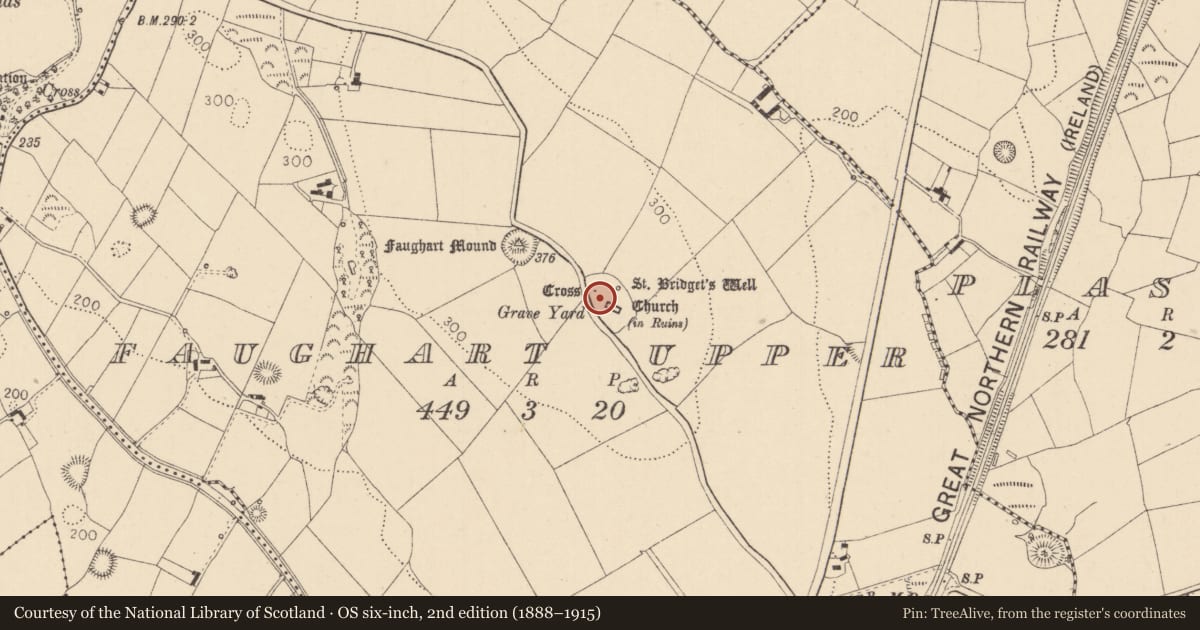 Ordnance Survey six-inch map, 2nd edition (1888–1915) covering the location of Ecclesiastical enclosure, Faughart Upper, County Louth, with a pin at the register's coordinates
