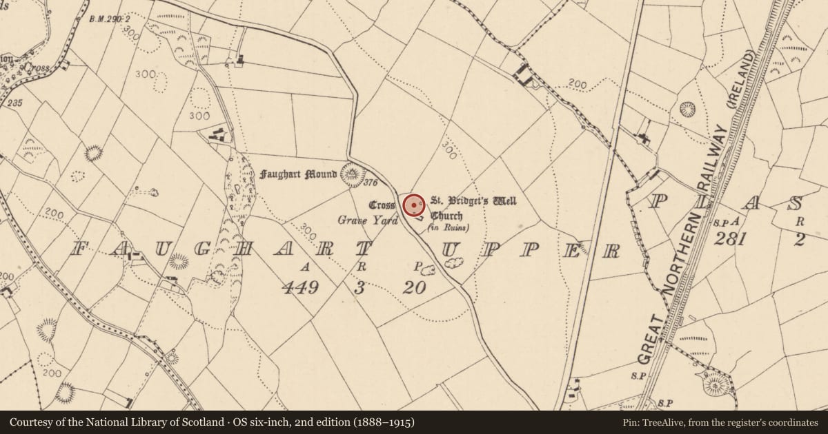 Ordnance Survey six-inch map, 2nd edition (1888–1915) covering the location of Graveyard, Faughart Upper, County Louth, with a pin at the register's coordinates