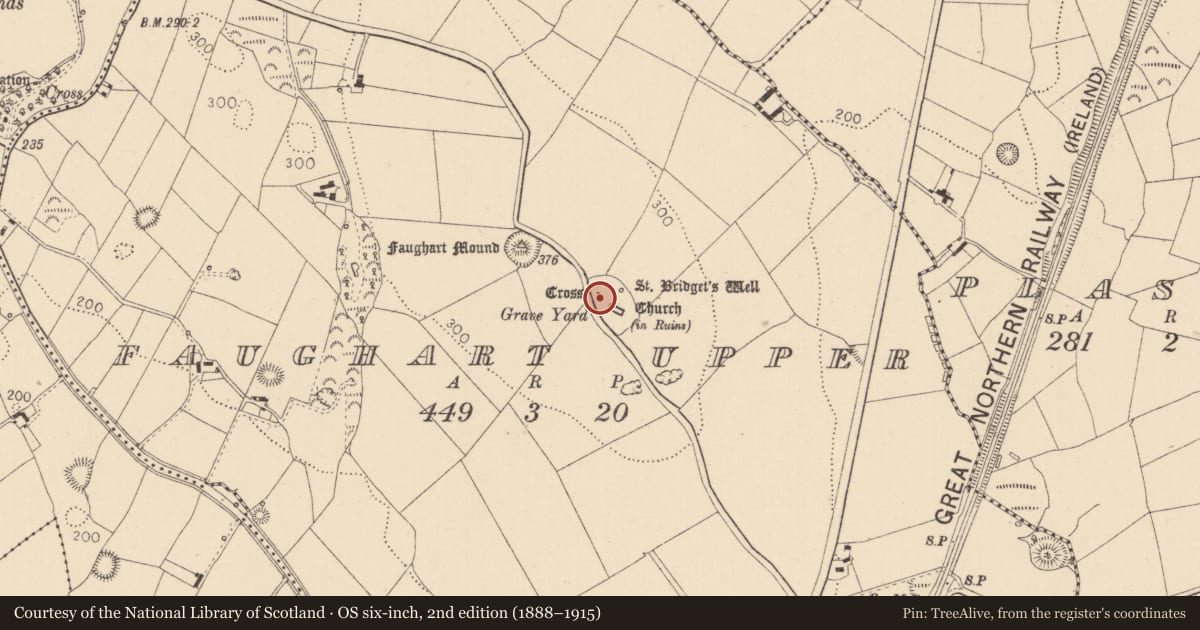 Ordnance Survey six-inch map, 2nd edition (1888–1915) covering the location of Mound, Faughart Upper, County Louth, with a pin at the register's coordinates