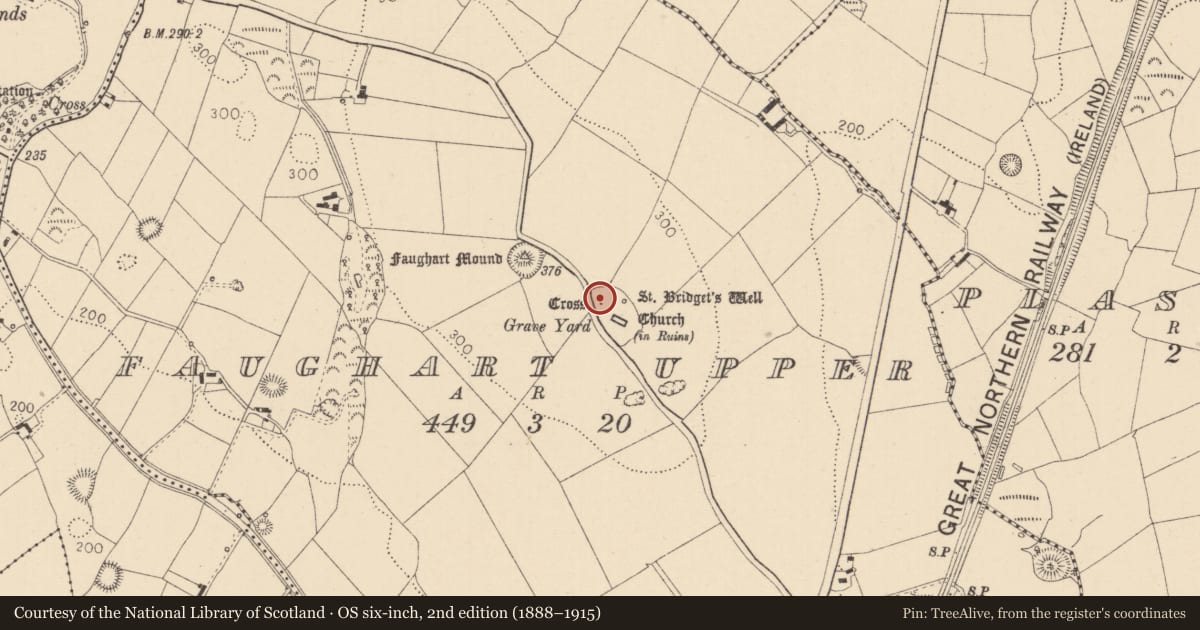 Ordnance Survey six-inch map, 2nd edition (1888–1915) covering the location of Cross - High cross, Faughart Upper, County Louth, with a pin at the register's coordinates