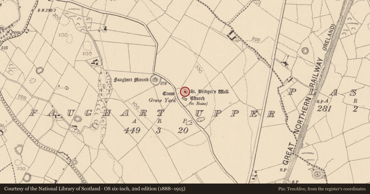 Ordnance Survey six-inch map, 2nd edition (1888–1915) covering the location of Ritual site - holy well, Faughart Upper, County Louth, with a pin at the register's coordinates