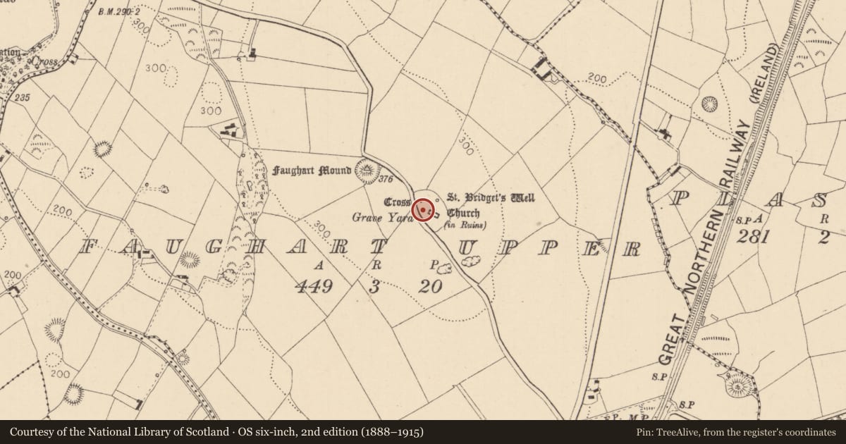 Ordnance Survey six-inch map, 2nd edition (1888–1915) covering the location of Cross-slab, Faughart Upper, County Louth, with a pin at the register's coordinates