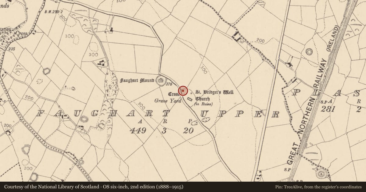 Ordnance Survey six-inch map, 2nd edition (1888–1915) covering the location of Architectural fragment, Faughart Upper, County Louth, with a pin at the register's coordinates