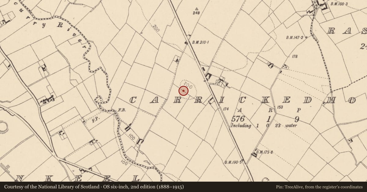 Ordnance Survey six-inch map, 2nd edition (1888–1915) covering the location of Stone circle, Carrickedmond, County Louth, with a pin at the register's coordinates