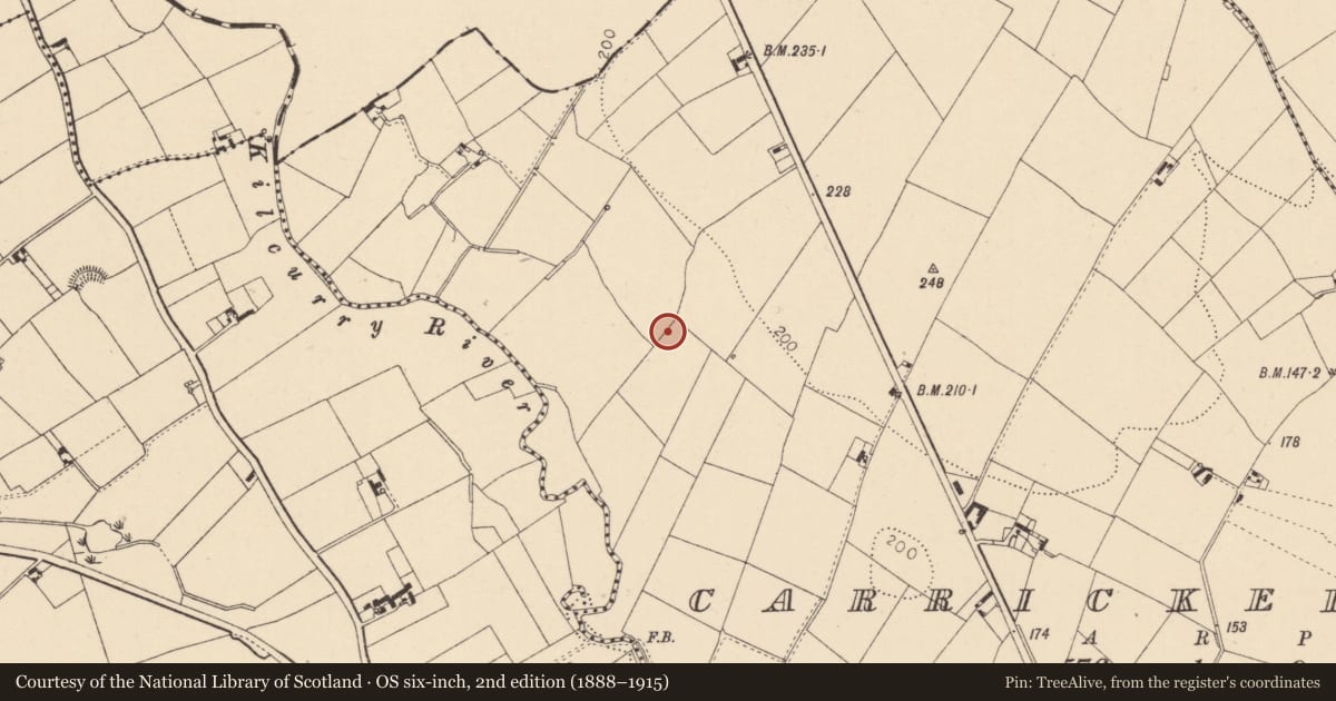 Ordnance Survey six-inch map, 2nd edition (1888–1915) covering the location of Stone row, Carrickedmond, County Louth, with a pin at the register's coordinates