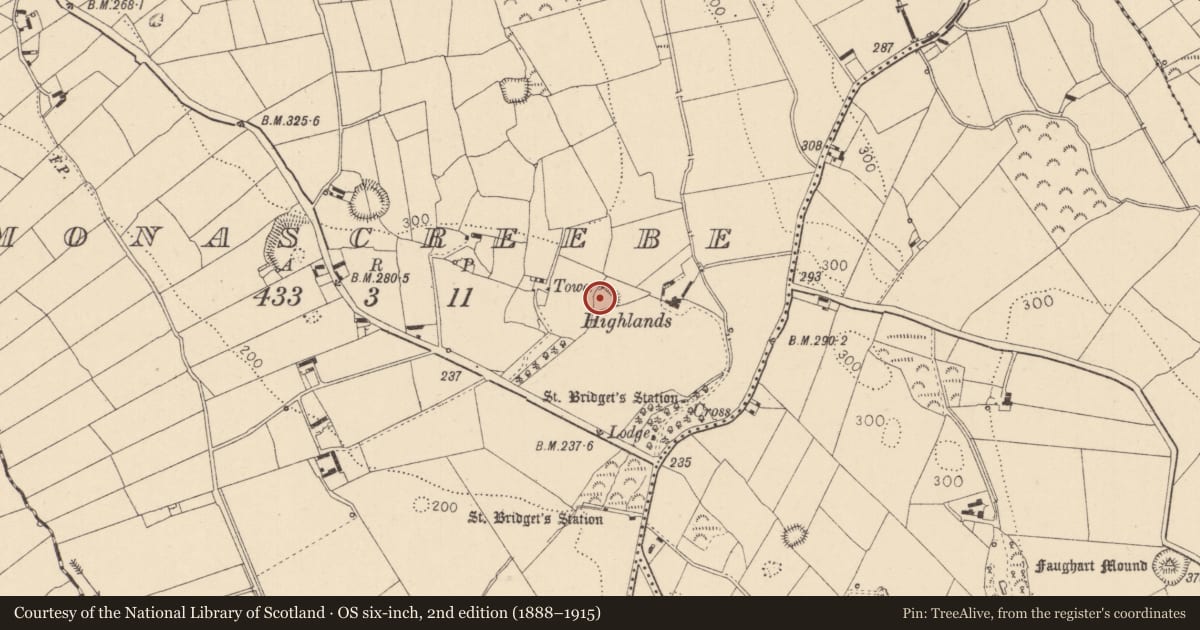 Ordnance Survey six-inch map, 2nd edition (1888–1915) covering the location of Earthwork, Monascreebe, County Louth, with a pin at the register's coordinates