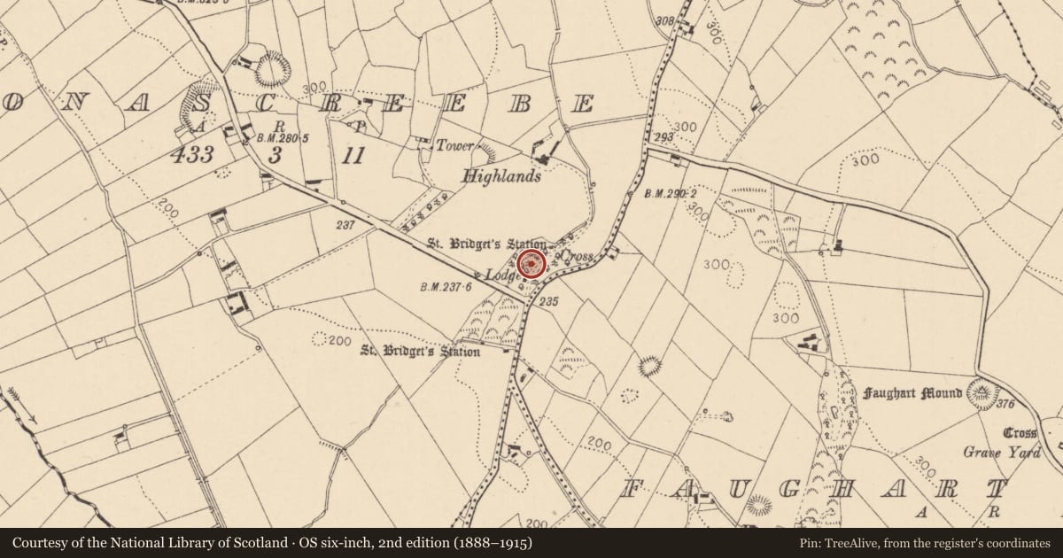 Ordnance Survey six-inch map, 2nd edition (1888–1915) covering the location of Penitential station, Monascreebe, County Louth, with a pin at the register's coordinates