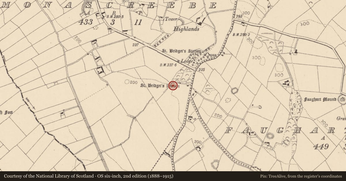 Ordnance Survey six-inch map, 2nd edition (1888–1915) covering the location of Penitential station, Monascreebe, County Louth, with a pin at the register's coordinates