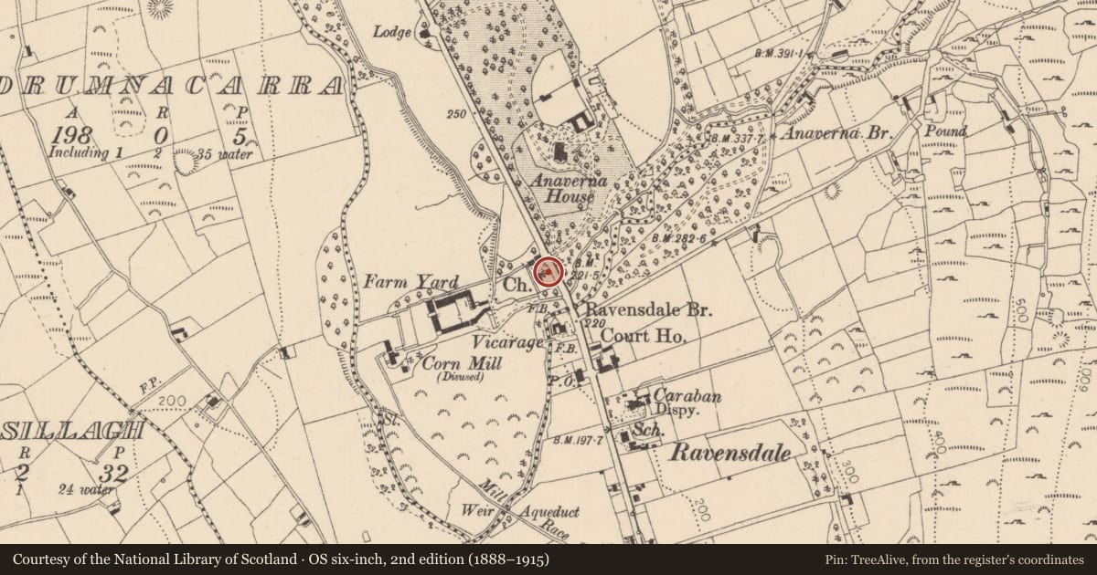 Ordnance Survey six-inch map, 2nd edition (1888–1915) covering the location of Church, Anaverna, County Louth, with a pin at the register's coordinates