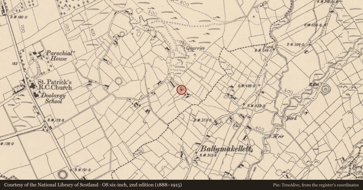 Ordnance Survey six-inch map, 2nd edition (1888–1915) covering the location of Sweathouse, Doolargy, County Louth, with a pin at the register's coordinates