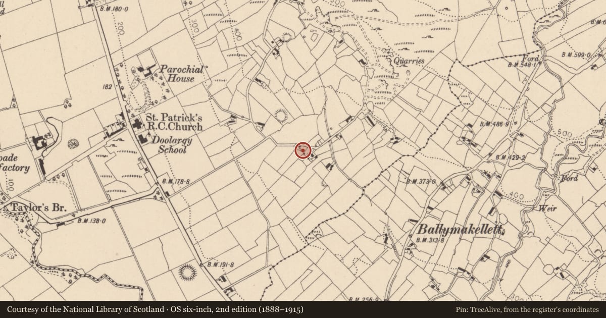 Ordnance Survey six-inch map, 2nd edition (1888–1915) covering the location of Sweathouse, Doolargy, County Louth, with a pin at the register's coordinates
