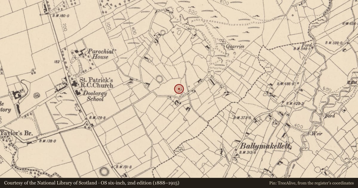 Ordnance Survey six-inch map, 2nd edition (1888–1915) covering the location of Sweathouse, Doolargy, County Louth, with a pin at the register's coordinates