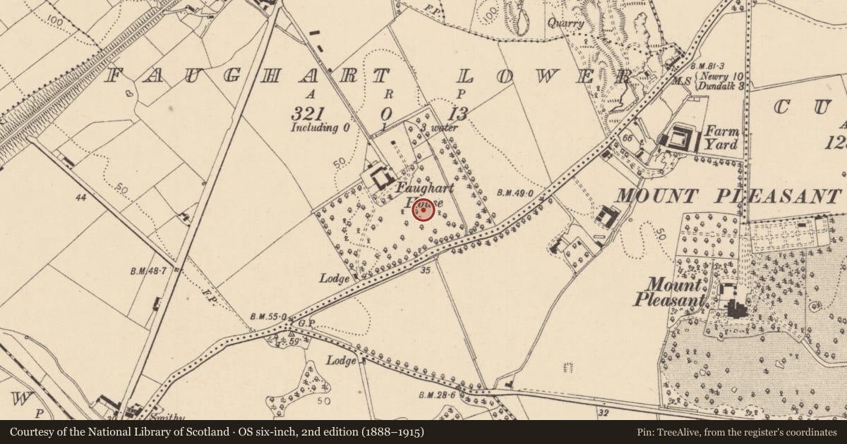 Ordnance Survey six-inch map, 2nd edition (1888–1915) covering the location of Flat cemetery, Faughart Lower, County Louth, with a pin at the register's coordinates