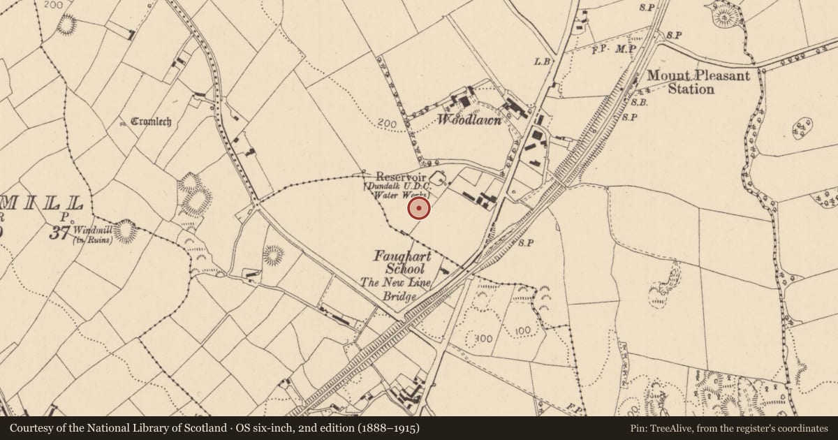 Ordnance Survey six-inch map, 2nd edition (1888–1915) covering the location of Battlefield, County Louth, with a pin at the register's coordinates
