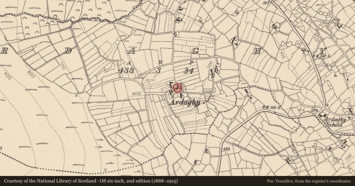 Ordnance Survey six-inch map, 2nd edition (1888–1915) covering the location of Settlement cluster, Ardaghy, County Louth, with a pin at the register's coordinates
