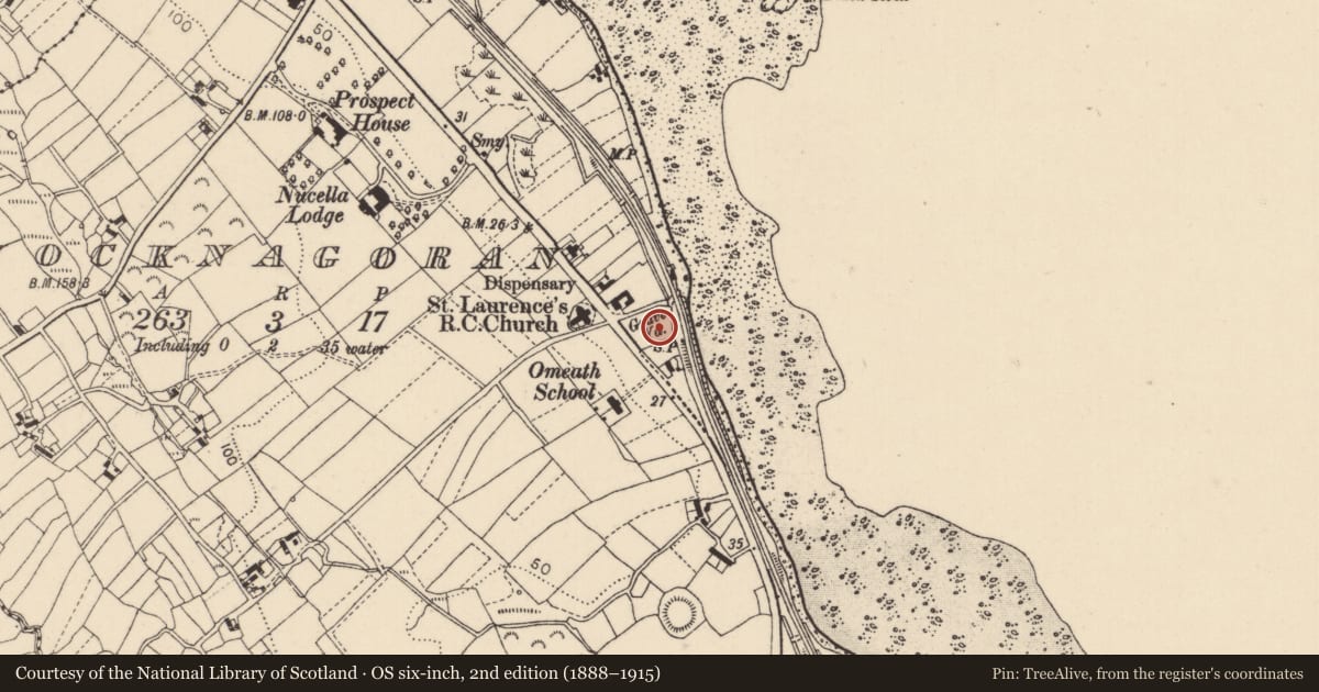 Ordnance Survey six-inch map, 2nd edition (1888–1915) covering the location of Graveyard, Knocknagoran, County Louth, with a pin at the register's coordinates