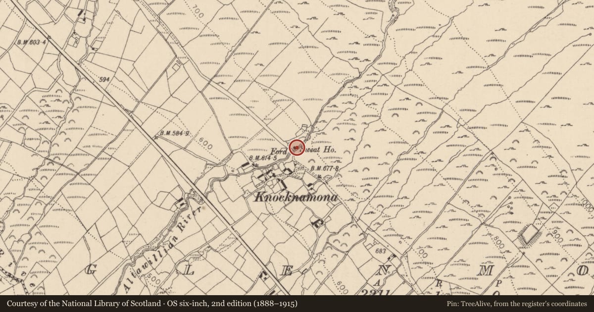 Ordnance Survey six-inch map, 2nd edition (1888–1915) covering the location of Sweathouse, Glenmore, County Louth, with a pin at the register's coordinates