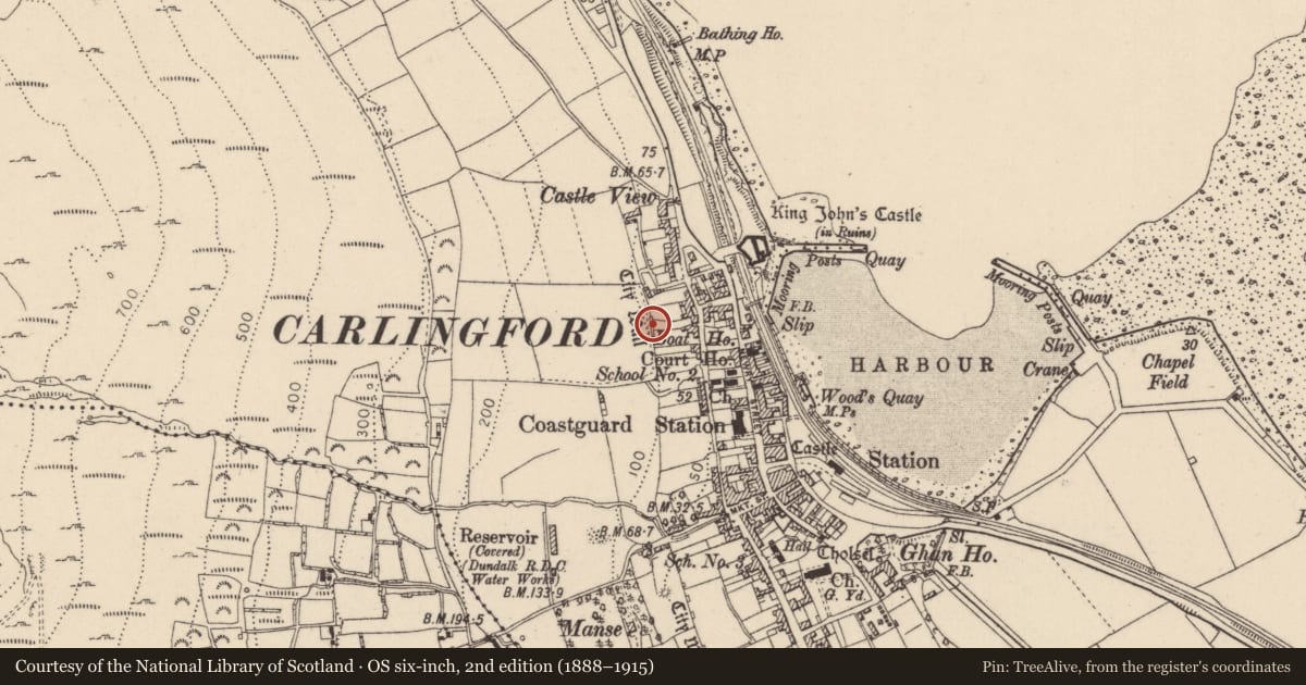Ordnance Survey six-inch map, 2nd edition (1888–1915) covering the location of Town defences, Liberties of Carlingford, County Louth, with a pin at the register's coordinates