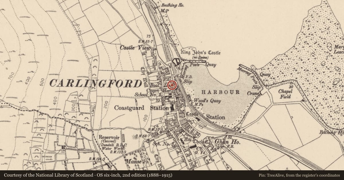 Ordnance Survey six-inch map, 2nd edition (1888–1915) covering the location of House - medieval, Liberties of Carlingford, County Louth, with a pin at the register's coordinates
