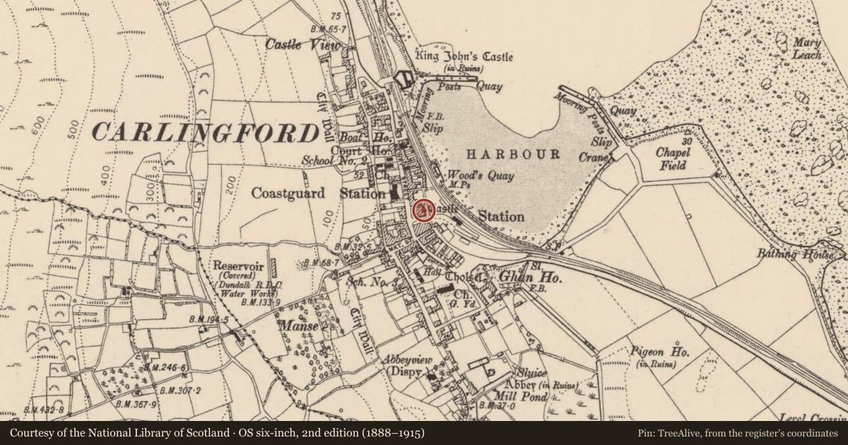 Ordnance Survey six-inch map, 2nd edition (1888–1915) covering the location of Castle - tower house, Liberties of Carlingford, County Louth, with a pin at the register's coordinates