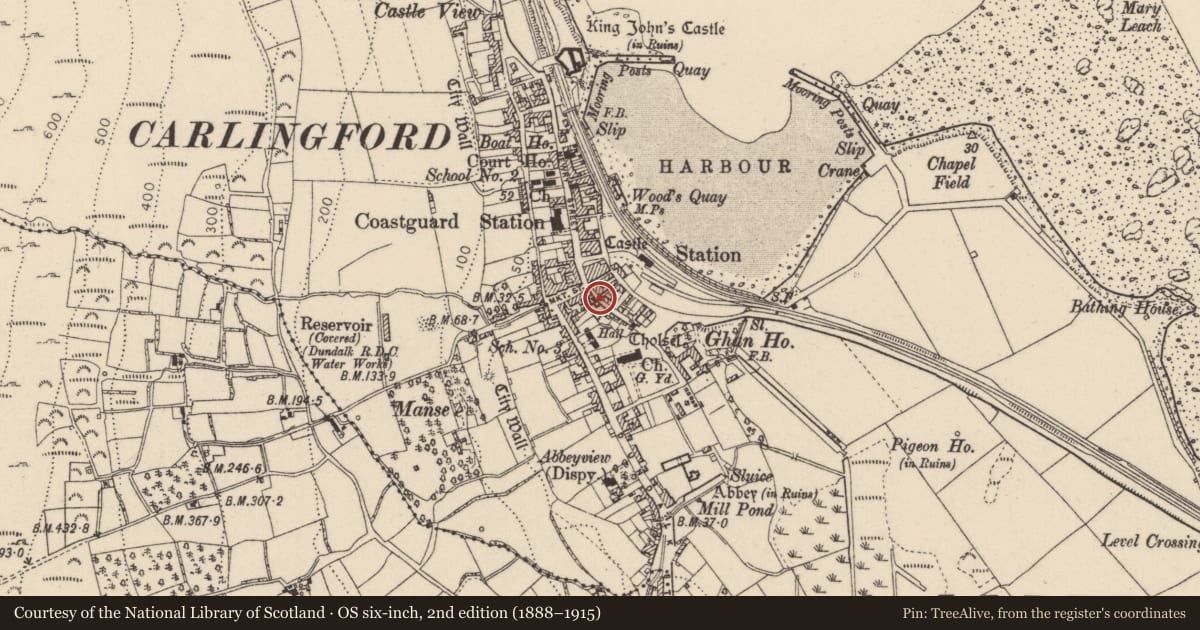 Ordnance Survey six-inch map, 2nd edition (1888–1915) covering the location of Castle - tower house, Liberties of Carlingford, County Louth, with a pin at the register's coordinates