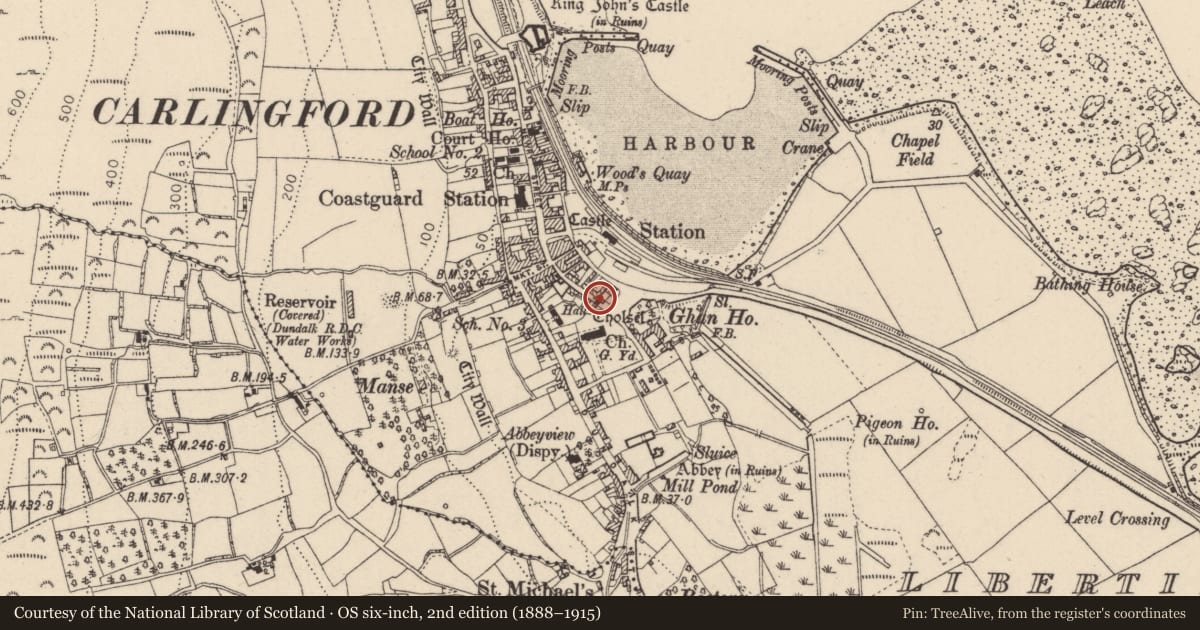 Ordnance Survey six-inch map, 2nd edition (1888–1915) covering the location of Gatehouse, Liberties of Carlingford, County Louth, with a pin at the register's coordinates