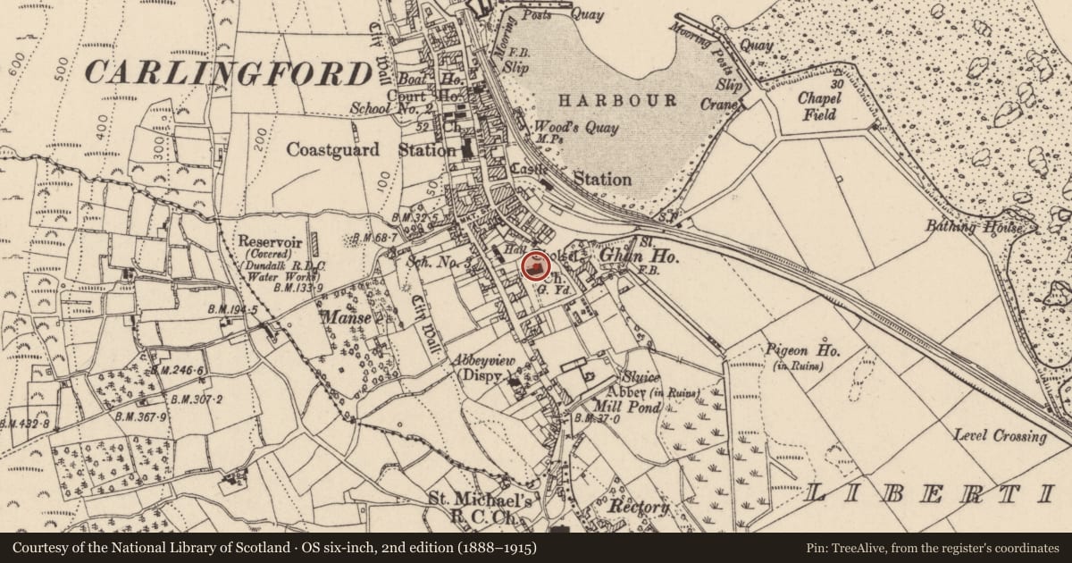 Ordnance Survey six-inch map, 2nd edition (1888–1915) covering the location of Church, Liberties of Carlingford, County Louth, with a pin at the register's coordinates