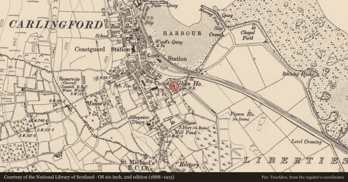 Ordnance Survey six-inch map, 2nd edition (1888–1915) covering the location of House - 18th/19th century, Liberties of Carlingford, County Louth, with a pin at the register's coordinates