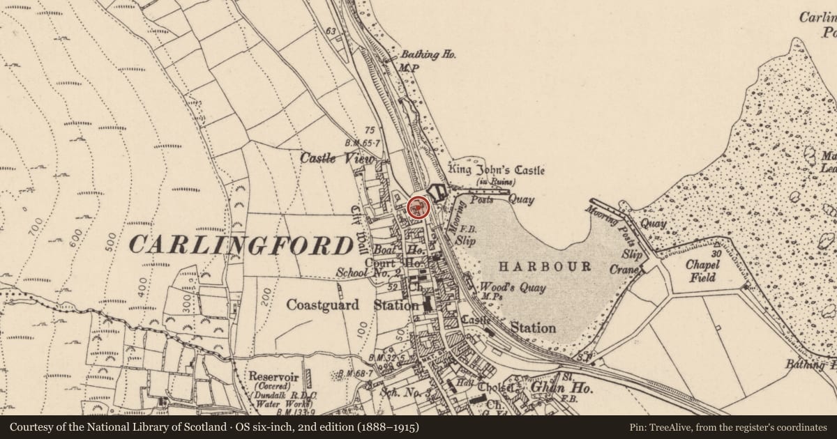 Ordnance Survey six-inch map, 2nd edition (1888–1915) covering the location of House - medieval, Liberties of Carlingford, County Louth, with a pin at the register's coordinates