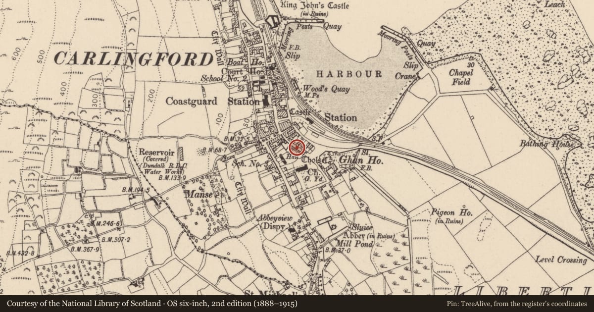 Ordnance Survey six-inch map, 2nd edition (1888–1915) covering the location of House - medieval, Liberties of Carlingford, County Louth, with a pin at the register's coordinates