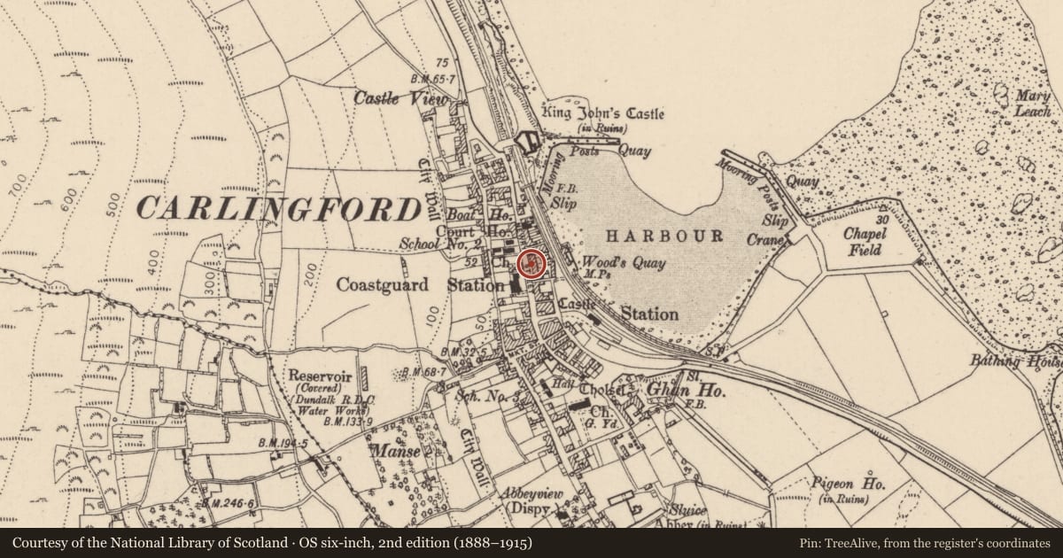 Ordnance Survey six-inch map, 2nd edition (1888–1915) covering the location of Road - road/trackway, Liberties of Carlingford, County Louth, with a pin at the register's coordinates