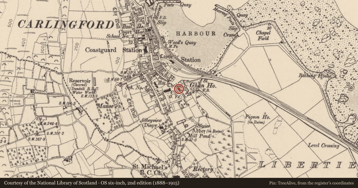 Ordnance Survey six-inch map, 2nd edition (1888–1915) covering the location of Burial, Liberties of Carlingford, County Louth, with a pin at the register's coordinates