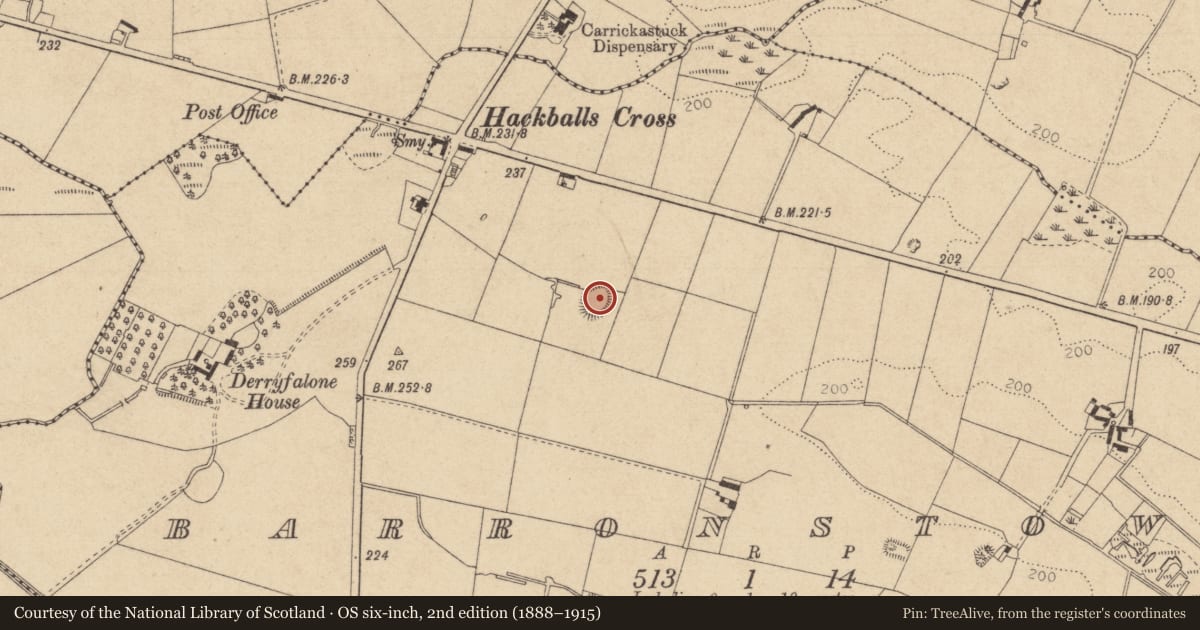 Ordnance Survey six-inch map, 2nd edition (1888–1915) covering the location of Souterrain, Barronstown, County Louth, with a pin at the register's coordinates