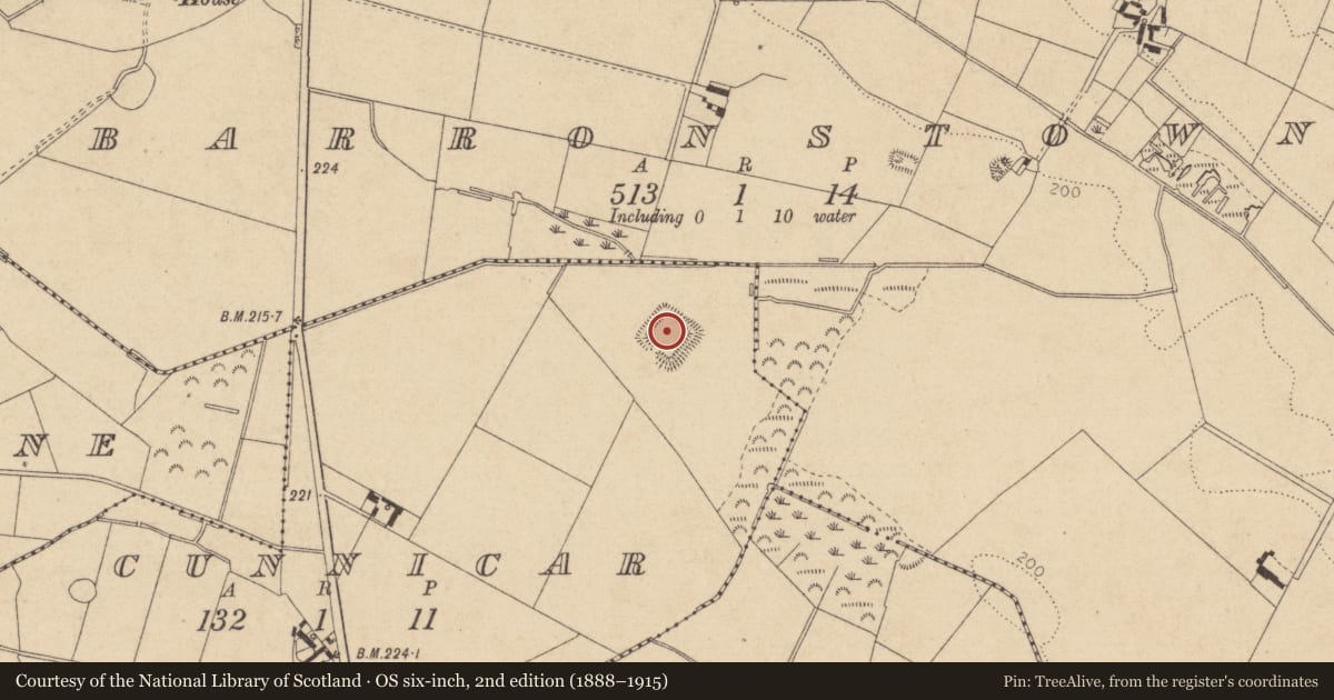 Ordnance Survey six-inch map, 2nd edition (1888–1915) covering the location of Moated site, Cunnicar, County Louth, with a pin at the register's coordinates
