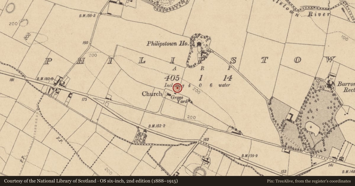 Ordnance Survey six-inch map, 2nd edition (1888–1915) covering the location of Church, Philipstown, County Louth, with a pin at the register's coordinates