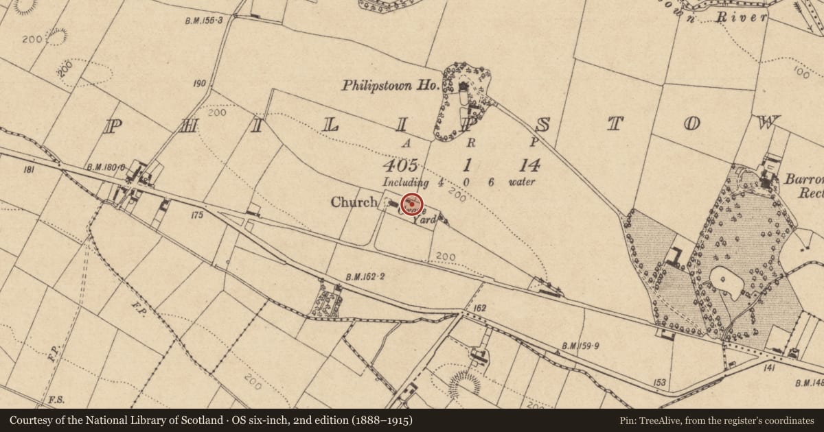 Ordnance Survey six-inch map, 2nd edition (1888–1915) covering the location of Graveyard, Philipstown, County Louth, with a pin at the register's coordinates