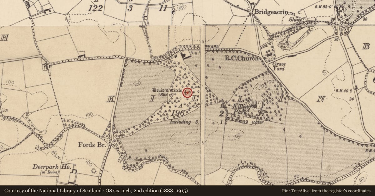 Ordnance Survey six-inch map, 2nd edition (1888–1915) covering the location of Passage tomb art, Killin, County Louth, with a pin at the register's coordinates