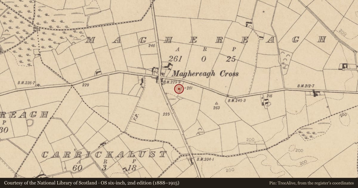 Ordnance Survey six-inch map, 2nd edition (1888–1915) covering the location of Earthwork, Maghereagh, County Louth, with a pin at the register's coordinates