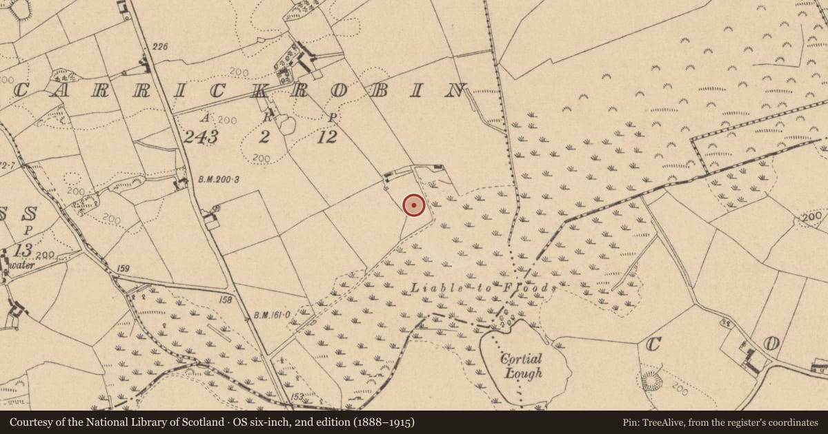 Ordnance Survey six-inch map, 2nd edition (1888–1915) covering the location of Burial ground, Carrickrobin, County Louth, with a pin at the register's coordinates