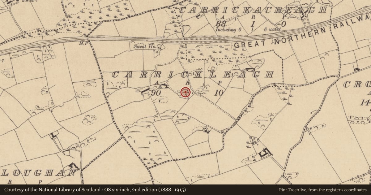 Ordnance Survey six-inch map, 2nd edition (1888–1915) covering the location of Mass-rock, Carrickleagh, County Louth, with a pin at the register's coordinates