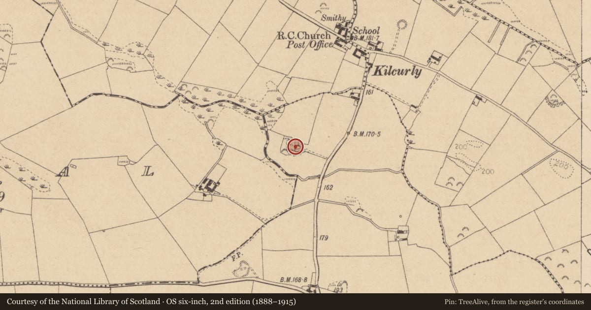 Ordnance Survey six-inch map, 2nd edition (1888–1915) covering the location of Souterrain, Kilcurly, County Louth, with a pin at the register's coordinates