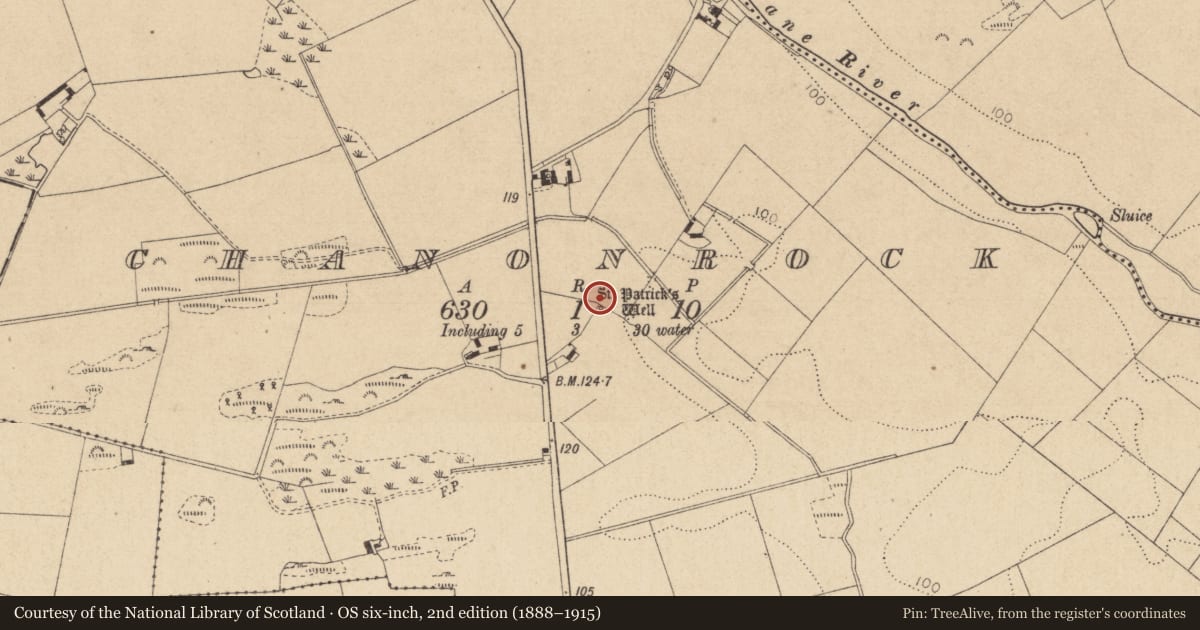 Ordnance Survey six-inch map, 2nd edition (1888–1915) covering the location of Ritual site - holy well, Chanonrock, County Louth, with a pin at the register's coordinates